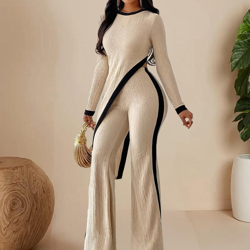 Women's Elegant Round-neck Two-piece Long-sleeved Pants With Decorative Edges For Spring & Fall