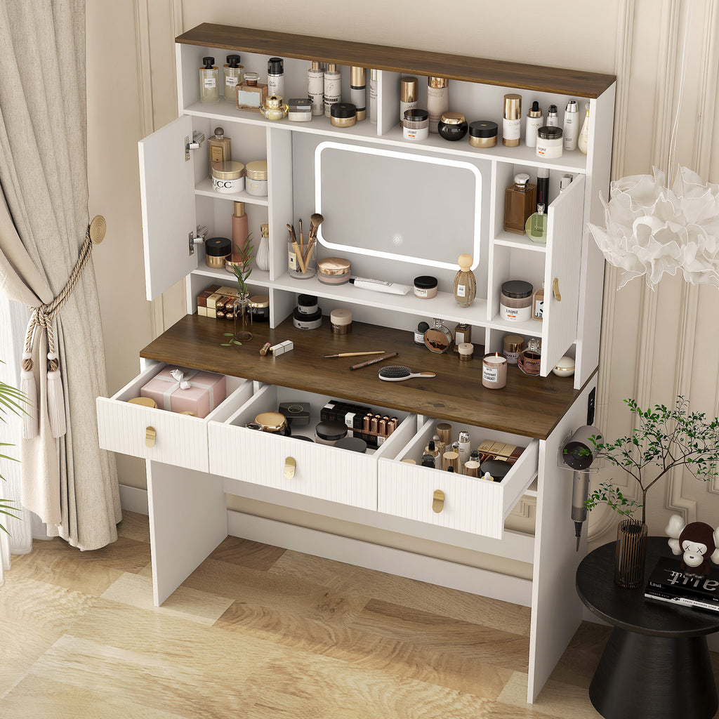 Farmhouse Dressing Table Makeup Table, Wide Dressing Table With Lighted Mirror And Makeup Drawer, Large Modern Dressing Table Set With Hair Dryer Holder For Bedroom, White