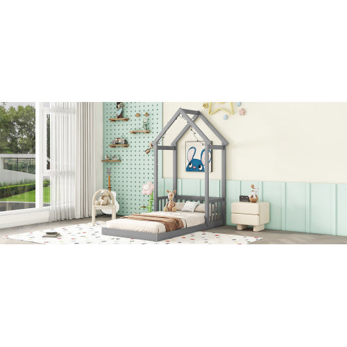 Twin House-shaped Roof Headboard Floor Bed,,without Slats,Grey