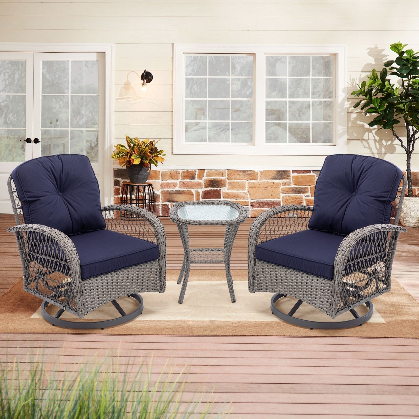 3nos Outdoor Swivel Rocker Patio Chairs 360  Rocking Set With Thick Cushions
