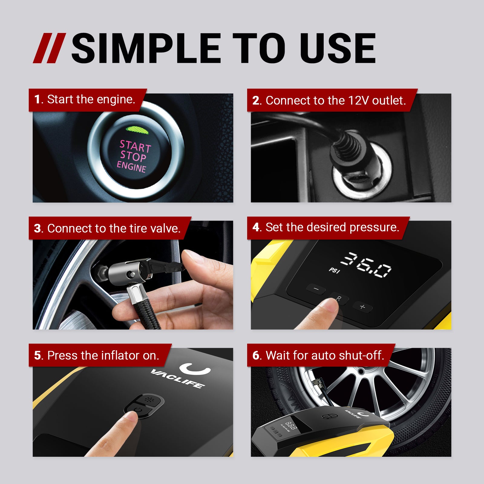 VacLife Air Compressor Tire Inflator DC 12V Portable Air Compressor For Car Tires,