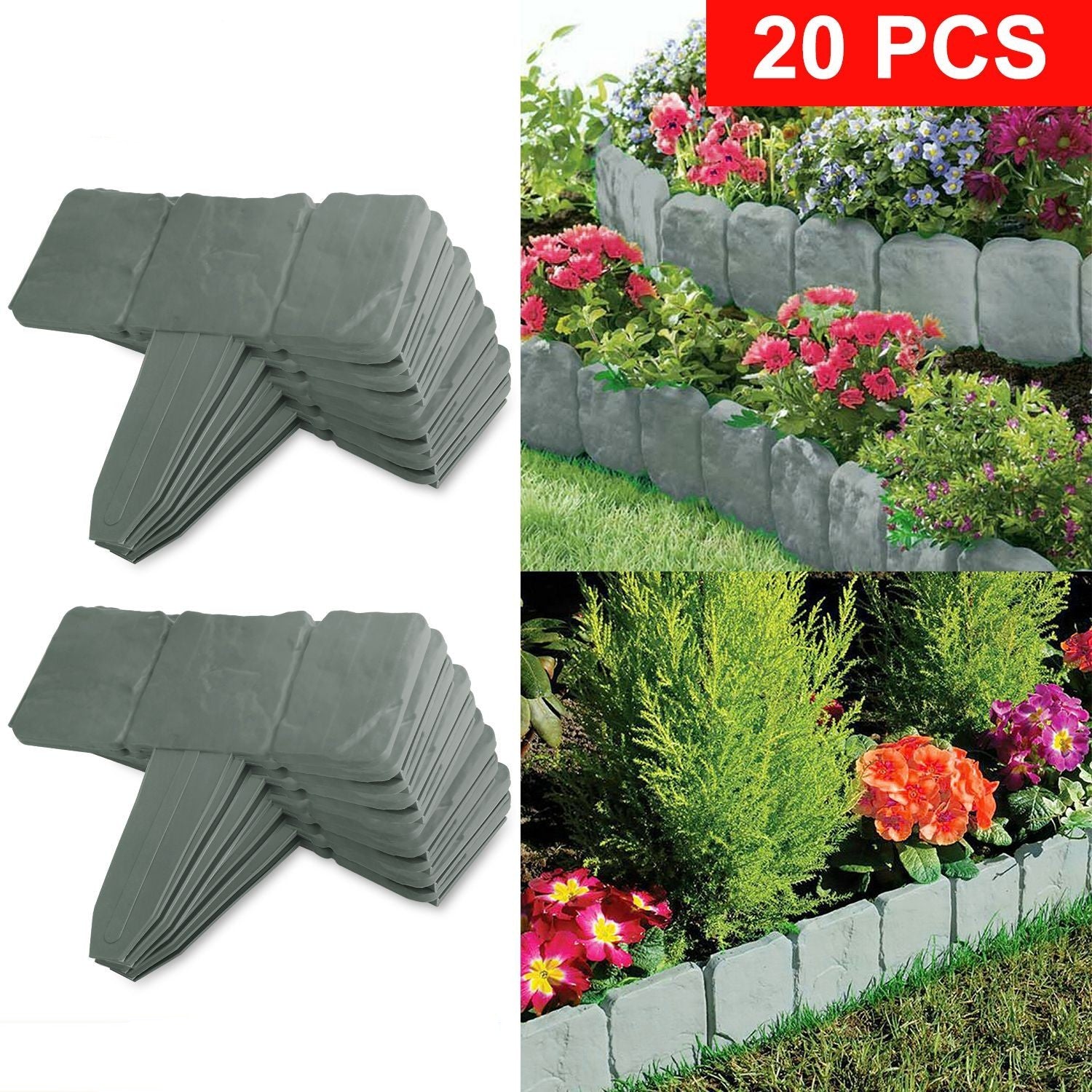 20 PCS Garden Edging Border & Imitation Stone Effect Garden Lawn Border