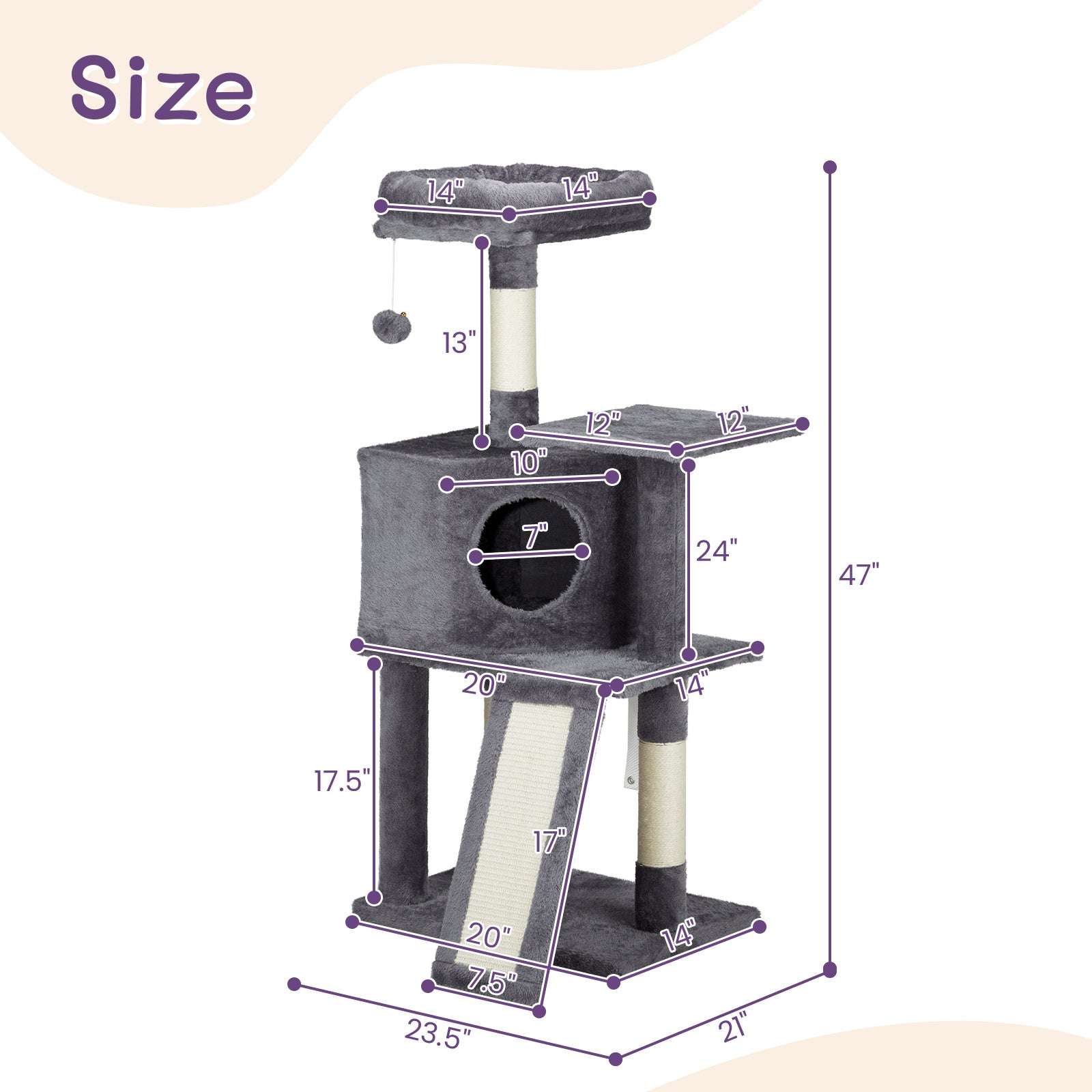 47inch, Dark Grey, Cat Scratcher, Trapezoidal Cat House, Cat Climbing Frame