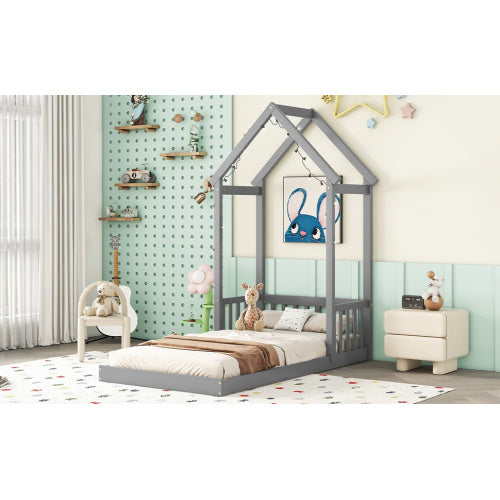 Twin House-shaped Roof Headboard Floor Bed,,without Slats,Grey
