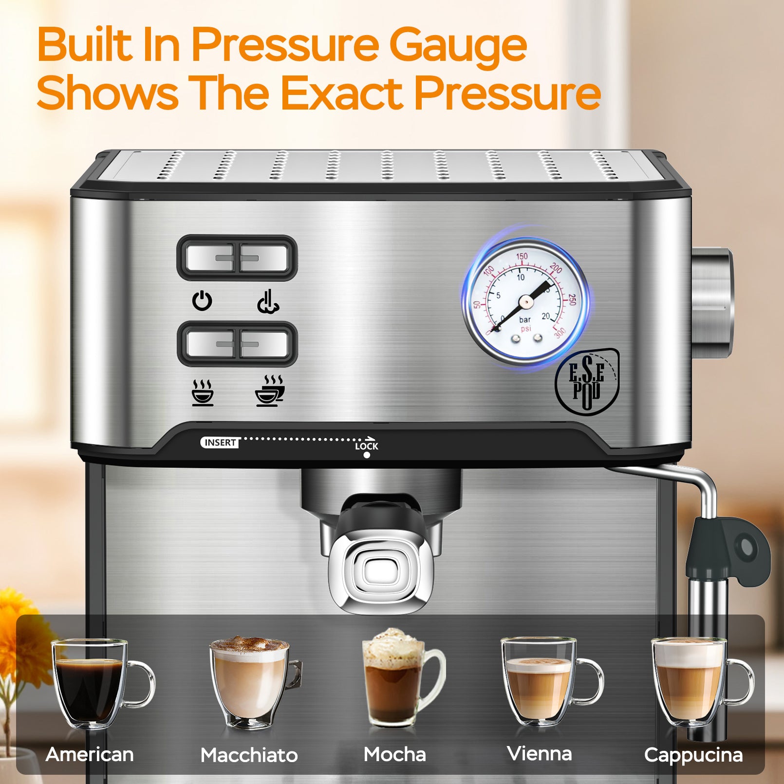 Professional Espresso Machine With Milk Frother, Visual Display Of Pressure, Removable Water Tank For Cappuccino, Latte, Machiato For Home Barista