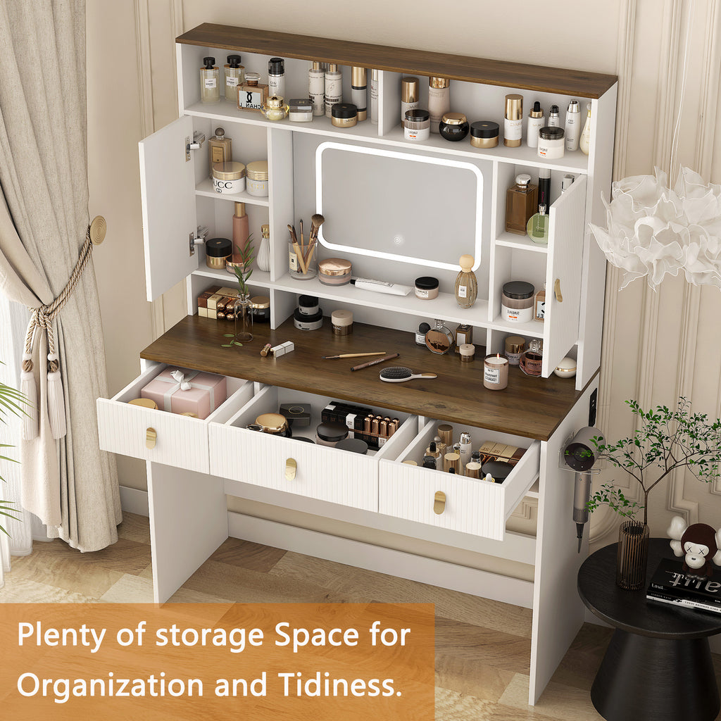 Farmhouse Dressing Table Makeup Table, Wide Dressing Table With Lighted Mirror And Makeup Drawer, Large Modern Dressing Table Set With Hair Dryer Holder For Bedroom, White
