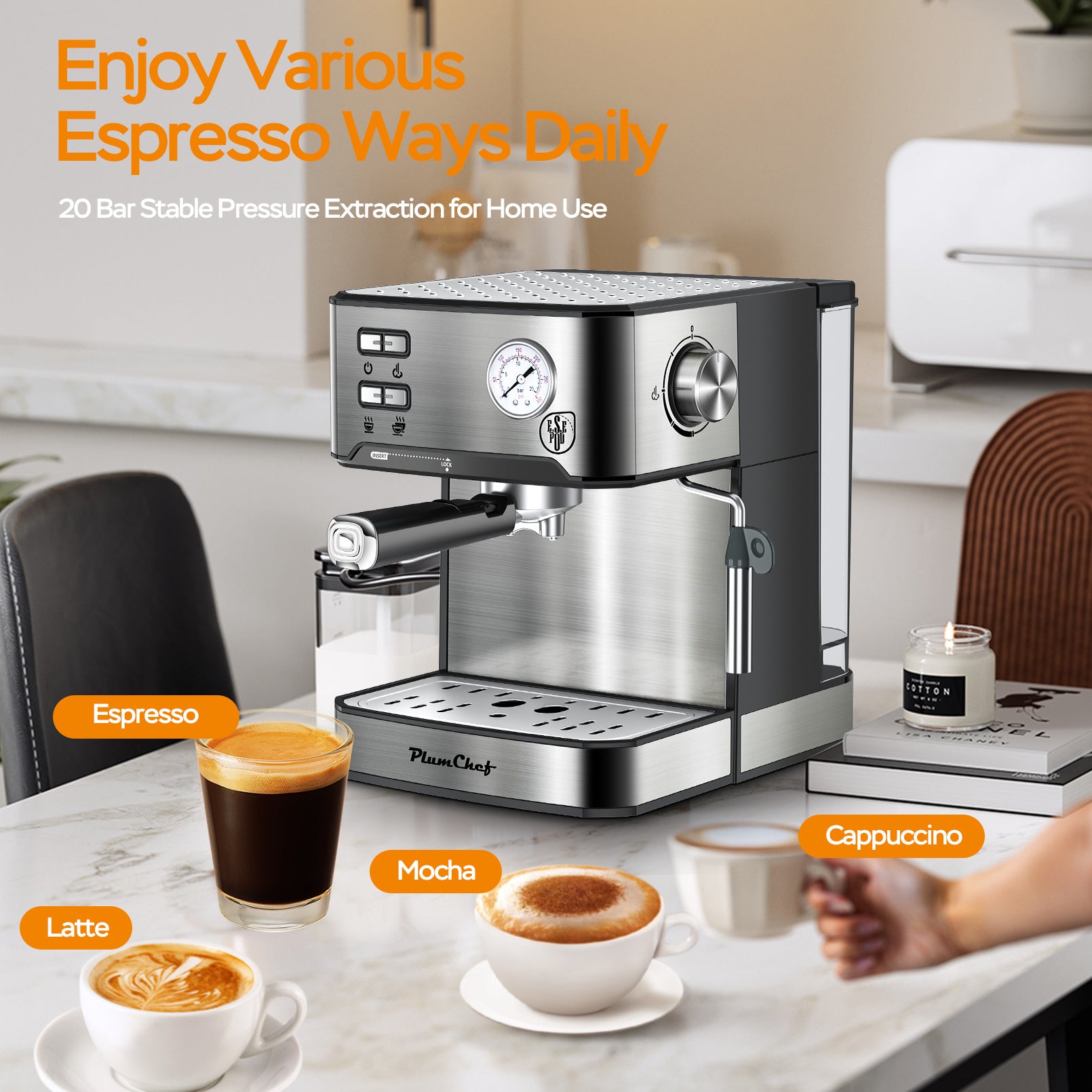 Professional Espresso Machine With Milk Frother, Visual Display Of Pressure, Removable Water Tank For Cappuccino, Latte, Machiato For Home Barista