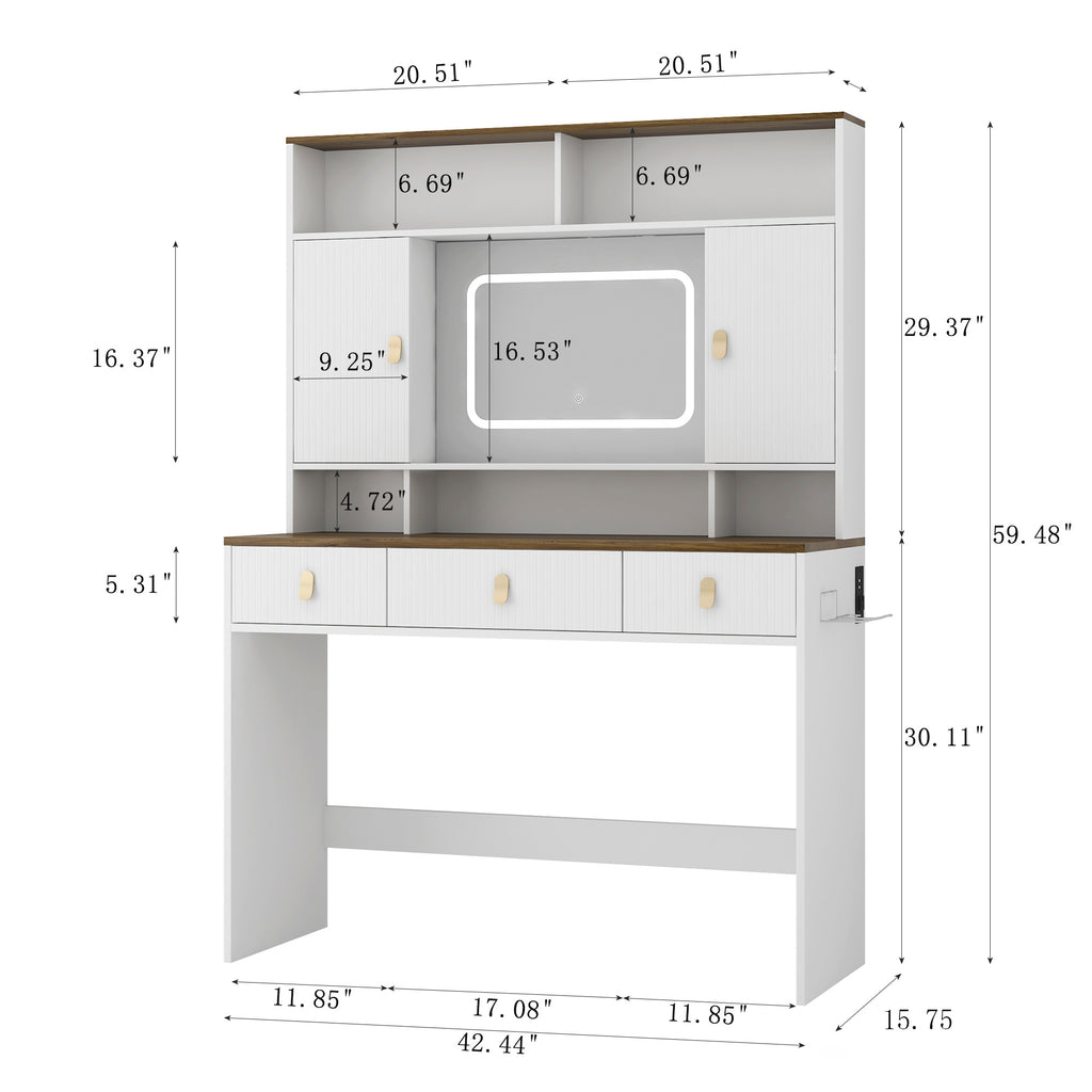 Farmhouse Dressing Table Makeup Table, Wide Dressing Table With Lighted Mirror And Makeup Drawer, Large Modern Dressing Table Set With Hair Dryer Holder For Bedroom, White