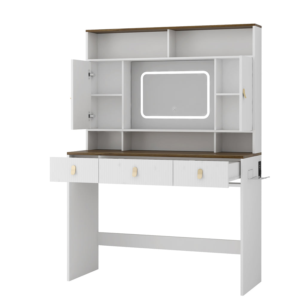 Farmhouse Dressing Table Makeup Table, Wide Dressing Table With Lighted Mirror And Makeup Drawer, Large Modern Dressing Table Set With Hair Dryer Holder For Bedroom, White