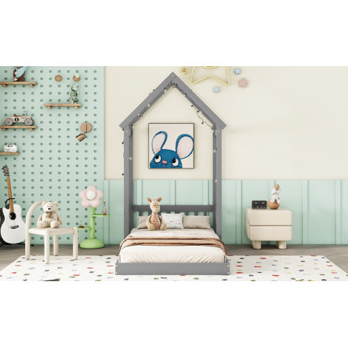 Twin House-shaped Roof Headboard Floor Bed,,without Slats,Grey