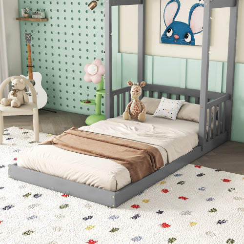 Twin House-shaped Roof Headboard Floor Bed,,without Slats,Grey