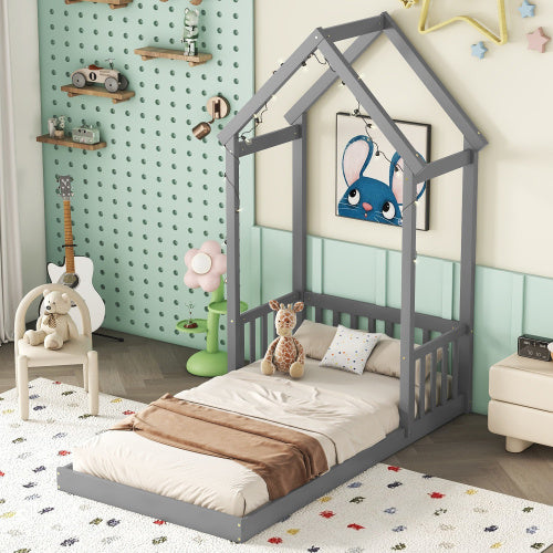 Twin House-shaped Roof Headboard Floor Bed,,without Slats,Grey