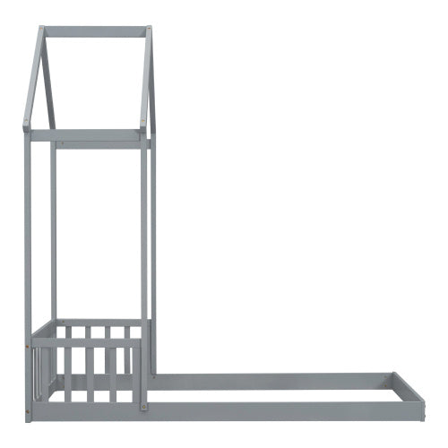 Twin House-shaped Roof Headboard Floor Bed,,without Slats,Grey