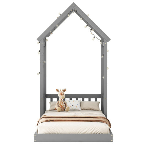 Twin House-shaped Roof Headboard Floor Bed,,without Slats,Grey