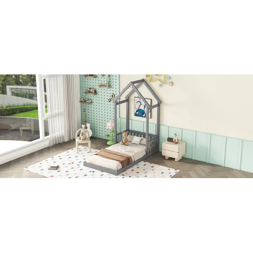 Twin House-shaped Roof Headboard Floor Bed,,without Slats,Grey