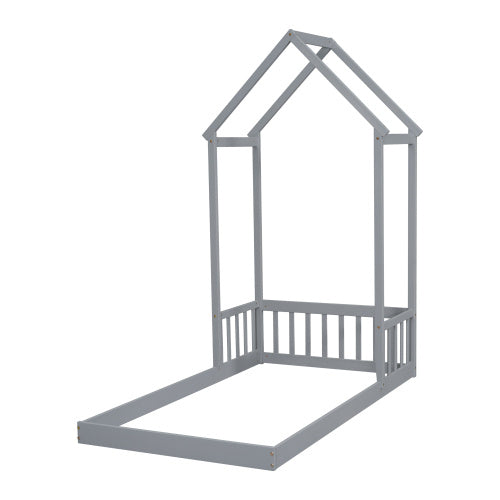 Twin House-shaped Roof Headboard Floor Bed,,without Slats,Grey